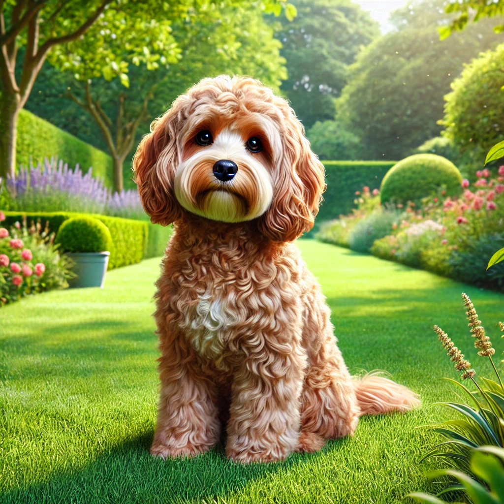 DALL·E 2024 11 21 14.18.35 A realistic depiction of a Cavapoo dog sitting naturally in a lush park during a sunny day surrounded by vibrant green grass and blooming flowers. Th Cavapoo Lifespan
