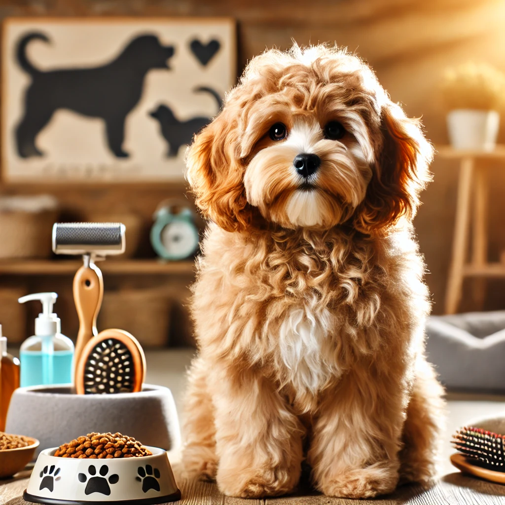 DALL·E 2024 12 08 00.23.27 A charming Cavapoo dog known for its fluffy and curly coat sitting happily in an inviting environment. The dog exudes a friendly and playful persona Full Grown Cavapoo Sizes