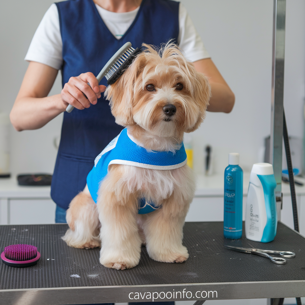 Groming 3 Cavapoo being groomed by a professional, with grooming tools like a brush and shampoo visible.